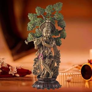 Unique Brass Lord Krishna with Kalpavriksha Tree Statue – 23" Tall, 12 kg