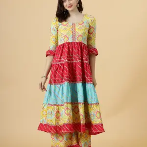 Multicolor Sanganeri Frock Kurti Palazzo Set - Premium Cotton Traditional | Jaipurio