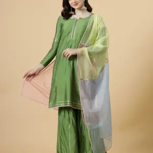 Green Kurti Sharara Multicolor Organza Dupatta Set - Premium Festival Wear | Jaipurio