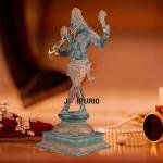 Vintage Brass Vishnu as Lord Krishna Statue 14.5" | Green Sand Finish | Shankh & Chakra Symbol | 4.5 kg Spiritual Decorative Masterpiece | 7" Width, 5" Depth