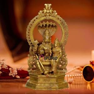 10" Pure Brass Vishnu Lakshmi on Sheshanaaga | Bronze Finish Divine Couple | Sacred Temple Art