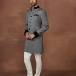 Textured Grey Pinstriped Short Achkan (S-XL) | Modern Formal Elegance | Pinstripe Texture Collection by Jaipurio