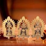 12" Pure Brass Ganesh Lakshmi Saraswati Trio | Dual-Tone Prabhavali Temple Set | Divine Trinity Idols