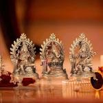 12" Pure Brass Ganesh Lakshmi Saraswati Trio | Dual-Tone Prabhavali Temple Set | Divine Trinity Idols