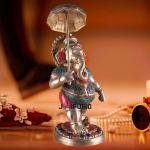 Brass Lord Ganesha with Umbrella | 24" x 12" x 11" | 14 kg | Meenakari Stonework | Divine Protection Art | Sacred Hindu Statue | Jaipurio