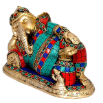 Brass Resting Ganesh Inlay Figurine: 7.62x10.16x17.78cm Relaxing Art | Handcrafted Inlay Design | Peaceful Divine Decor | Sacred Art