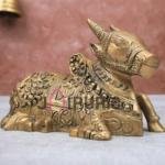 Golden Brass Nandi Idol | Traditional 11.4 × 16.5 × 8.9 cm Sacred Bull Statue | Handcrafted Shiva Vahana Murti | Premium Temple Art | Jaipurio