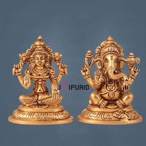Brass Superfine Ganesha and Lakshmi Idol Pair - 4" Height
