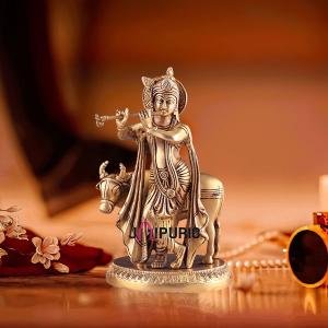 Exquisite Brass Lord Krishna with Cow Idol - Intricately Handcrafted, 8.5" Height