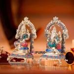 Pure Brass Ganesha Lakshmi Idol Pair with Meenakari Stonework - 8" Height