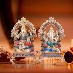 Pure Brass Ganesha Lakshmi Idol Pair with Meenakari Stonework - 8" Height