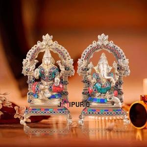Pure Brass Ganesha Lakshmi Idol Pair with Meenakari Stonework - 8" Height