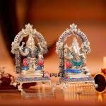 Pure Brass Ganesha Lakshmi Idol Pair with Meenakari Stonework - 8" Height
