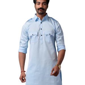 Sky Blue Short Hunting Style Kurta Pajama - Trendy Traditional Menswear | Jaipurio