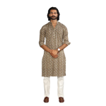 Cedar Brown Zigzag Printed Sanganeri Kurta Pyjama Set for Men