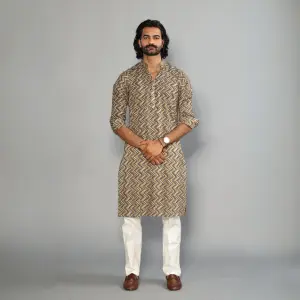 Cedar Brown Zigzag Printed Sanganeri Kurta Pyjama Set for Men