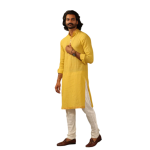 Self Design Daffodil Yellow Cotton Kurta Pajama with Banarasi Details