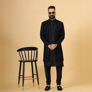 Stunning Black Chikankari Open Sherwani for Men - Father Son Combo | Jaipurio