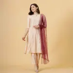 Stylish Peach A-Line Kurti-Palazzo Set with Wine Sequin Dupatta | Premium Cotton Blend | Designer Collection | Party Wear | Size XS-XXL | Jaipurio