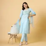Classic Sky Blue Kurti-Palazzo Set with Floral Brocade Silk Jacket | Premium Cotton & Silk Blend | Indo-Western Fashion | Size XS-XXL | Jaipurio