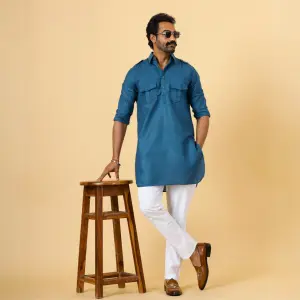 Teal Hunting Style Kurta-Pajama Set - Trendy Traditional Menswear