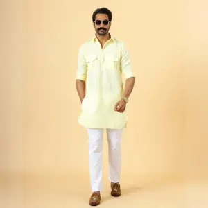 Light Yellow Cotton Hunting Style Kurta-Pajama Set | Premium Traditional Ethnic Wear | Classic Men's Formal & Festive Ensemble | Summer Perfect