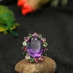 Natural Amethyst & Multi-Tourmaline Silver Ring | Genuine Gemstone Statement Ring | Oval Cut Flower Design | Handcrafted Cocktail Jewelry