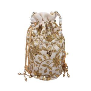 Sona Gold Embroidered Batwa: Luxury Pearl-Detailed Potli Bag | Indian Bridal Evening Purse | Traditional Wedding Clutch | Designer Jewelry Bag