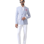 Regal Stripes: Bespoke White and Blue Double Breasted Tuxedo Jacket - Elegant Style in Sizes S to XL | Jaipurio