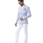 Regal Stripes: Bespoke White and Blue Double Breasted Tuxedo Jacket - Elegant Style in Sizes S to XL | Jaipurio