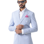 Regal Stripes: Bespoke White and Blue Double Breasted Tuxedo Jacket - Elegant Style in Sizes S to XL | Jaipurio