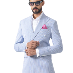 Regal Stripes: Bespoke White and Blue Double Breasted Tuxedo Jacket - Elegant Style in Sizes S to XL | Jaipurio