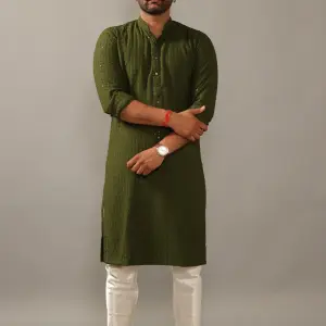 Handmade Battle Green Chikankaari Embroidered Kurta Pajama Set - Exquisite Traditional Menswear