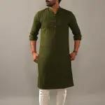 Handmade Battle Green Chikankaari Embroidered Kurta Pajama Set - Exquisite Traditional Menswear