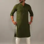 Handmade Battle Green Chikankaari Embroidered Kurta Pajama Set - Exquisite Traditional Menswear