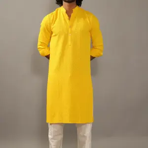 Handmade Yellow Chikankaari Embroidered Kurta Pajama Set for Men