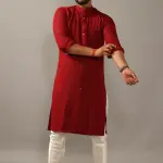 Handmade Ruby Red Chikankaari Embroidered Kurta Pajama Set for Men