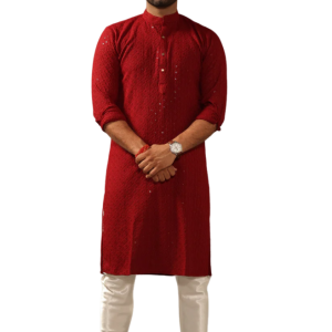 Handmade Ruby Red Chikankaari Kurta Pajama Set - Exquisite Embroidery | Jaipurio