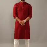 Handmade Ruby Red Chikankaari Embroidered Kurta Pajama Set for Men