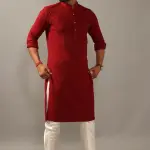 Handmade Ruby Red Chikankaari Embroidered Kurta Pajama Set for Men