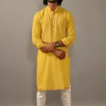 Self Design Daffodil Yellow Cotton Kurta Pajama with Banarasi Details