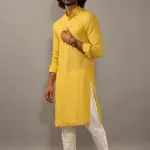 Self Design Daffodil Yellow Cotton Kurta Pajama with Banarasi Details