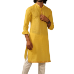 Self Design Daffodil Yellow Cotton Kurta Pajama with Banarasi Details