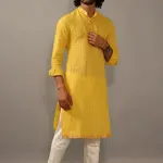 Self Design Daffodil Yellow Cotton Kurta Pajama with Banarasi Details