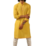 Self Design Daffodil Yellow Cotton Kurta Pajama with Banarasi Details