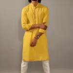 Self Design Daffodil Yellow Cotton Kurta Pajama with Banarasi Details