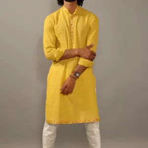 Self Design Daffodil Yellow Cotton Kurta Pajama with Banarasi Details