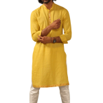 Self Design Daffodil Yellow Cotton Kurta Pajama with Banarasi Details