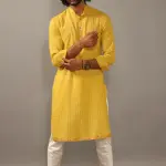 Self Design Daffodil Yellow Cotton Kurta Pajama with Banarasi Details