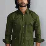 Premium Battle Green Turkish Linen Hunting Shirt | Classic Collar, Double Pockets | Breathable Summer Comfort | S to XXL Sizes | Handcrafted Quality Menswear